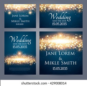 Wedding Invitation Cards Template Set with Soft Lights and Bokeh Elements. Vector illustration