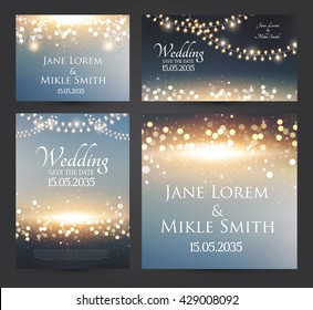 Juego de plantillas de tarjetas de invitación de bodas con luces suaves y elementos de bokeh. Ilustración del vector