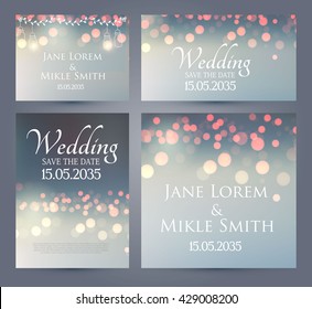 Wedding Invitation Cards Template Set with Soft Lights and Bokeh Elements. Vector illustration