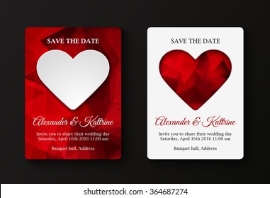 Wedding invitation cards template. Two variants: white paper heart on polygonal background, polygonal hearts on white background