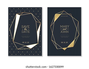 Wedding invitation cards. Trendy luxury card with gold polygonal texture and geometric vintage simple pattern with save date and name, vector template