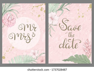 Wedding invitation cards with tropical flowers and gold. Set of cards Save the date, Mr and Mrs