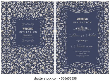 Wedding invitation cards in an vintage-style blue and beige. Beautiful Victorian ornament. Frame with floral elements. Vector illustration.