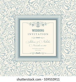 Wedding invitation cards in an vintage-style blue and beige. Beautiful Victorian ornament. Frame with floral elements. Vector illustration.