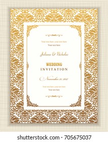 Wedding invitation cards in an vintage-style gold. Beautiful Victorian ornament. Frame with floral elements. Vector illustration.