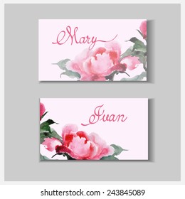 Wedding invitation cards with watercolor blooming peonies. (Use for Boarding Pass, invitations, thank you card.) Vector illustration.