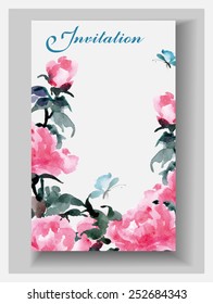 Wedding invitation cards with watercolor blooming peonies and with butterflies. (Use for Boarding Pass, invitations, thank you card.) Template Vector.