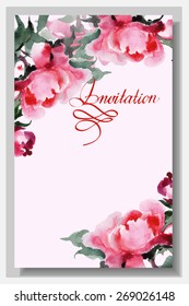 Wedding invitation cards with watercolor blooming peonies. (Use for Boarding Pass, invitations, thank you card.) Vector illustration.