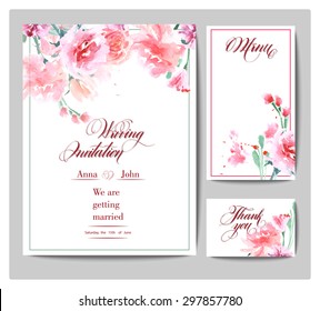 Wedding invitation cards  with watercolor  blooming rose. (Use for Boarding Pass, invitations, thank you card.) Vector illustration.