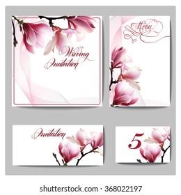 Wedding Invitation Cards with watercolor blooming  Magnolia
 (Use for Boarding Pass, Save The Date, thank you card.) Template  Vector.
