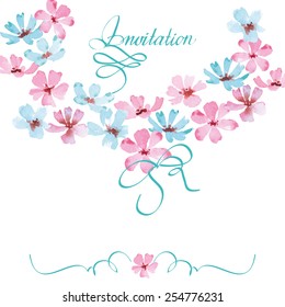 Wedding invitation cards with a watercolor  flowers with place for your text. (Use for Boarding Pass, invitations, thank you card.) Vector illustration.