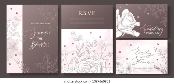 Wedding invitation cards with watercolor texture,hand-drawn flowers and plants,geometric shapes and sequins.Vector illustration.