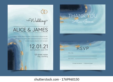 wedding invitation cards, watercolor textures and fake gold splashes for a luxurious touch