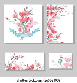 Wedding invitation cards with a watercolor wild flowers with place for your text. (Use for Boarding Pass, invitations, thank you card.) Vector illustration.