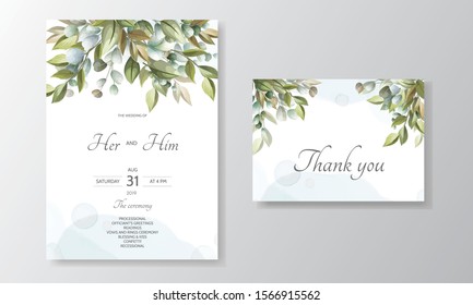 wedding invitation card-template set with beautiful floral leaves