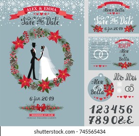 Wedding invitation card.Vintage christmas vector.Bride in white dress and groom,lettering. Wreath, floral decor.Flat  people silhouette. Wedding invitation,save the date, RSVP card,tag. Illustration