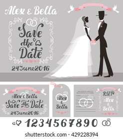 Wedding invitation card.Vintage vector.Bride in white dress and groom,lettering,ribbon, birds,grey  background.Flat  people silhouette. 