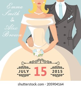 The wedding invitation with Cartoon  bride and groom.Portrait couples.Retro  design template.The vector.