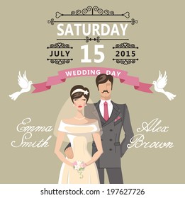 The wedding invitation with Cartoon couple bride and groom with vignettes,ribbon,pigeons.Retro  design template.The vector.