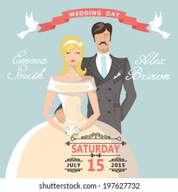 The wedding invitation with Cartoon couple bride and groom with vignettes,ribbon,pigeons.Retro  design template.The vector.