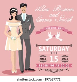 The wedding invitation with Cartoon couple bride and groom with vignettes,ribbon,pigeons.Retro  design template.The vector.