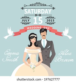 The wedding invitation with Cartoon couple bride and groom with vignettes,ribbon,pigeons.Retro  design template.The vector.