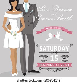 The wedding invitation with Cartoon couple bride and groom with vignettes,ribbon,pigeons.Retro  design template.The vector.