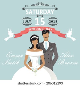 The wedding invitation with Cartoon couple bride and groom with vignettes,ribbon,pigeons.Retro  design template.The vector.