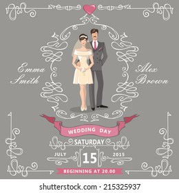 The wedding invitation with Cartoon couple bride and groom with Swirl elements,ribbon,pigeons.Decorative elements in the style of art Nouveau.Retro  design template.The vector.