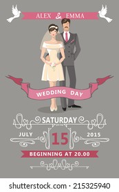 Wedding invitation with Cartoon couple bride and groom with Swirl elements,ribbon,pigeons.Decorative elements in the style of art Nouveau.Retro  design template.Vector.