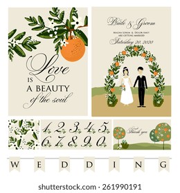 The wedding invitation with cartoon couple groom and bride in retro style with vignettes,ribbon,.A design template.The vector.