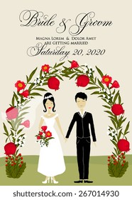 Wedding invitation with cartoon couple groom and bride