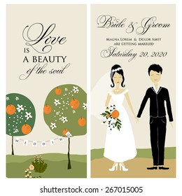Wedding invitation with cartoon couple groom and bride