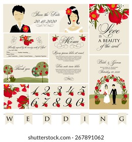 Wedding invitation with cartoon couple groom and bride