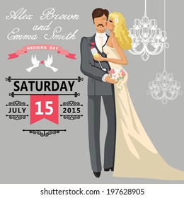 The wedding invitation with Cartoon kissing couple bride and groom with vignettes,ribbon,pigeons.Vector design template.