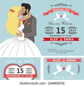 Wedding invitation with Cartoon kissing couple bride and groom.Swirling borders vignettes, ribbon, pigeons,chandelier.Design template set,thank you,save date card.Vintage Vector Illustration.