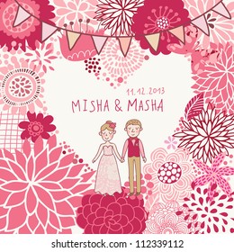 Wedding invitation. Cartoon romantic vector background in pink colors