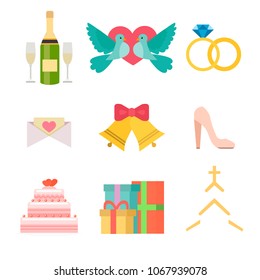 Wedding invitation celebration set flat anniversary romance decoration couple icons vector illustration