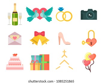 Wedding invitation celebration set flat anniversary romance decoration couple icons vector illustration