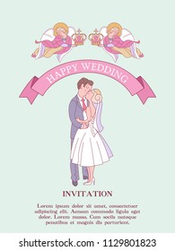 Wedding invitation. Wedding ceremony in the Church. The bride and groom in wedding crowns. Flower frames. Angels of heaven hold wedding crowns over the heads of the bride and groom.