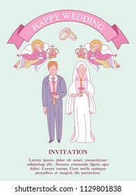 Wedding invitation. Wedding ceremony in the Church. The bride and groom in wedding crowns. Flower frames. Angels of heaven hold wedding crowns over the heads of the bride and groom.