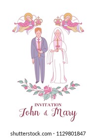 Wedding invitation. Wedding ceremony in the Church. The bride and groom in wedding crowns. Flower frames. Angels of heaven hold wedding crowns over the heads of the bride and groom.