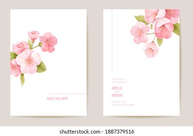 Invitación a la boda cerezo flor sakura, flores, carta de hojas. Vector de plantilla mínimo realista. Afiche moderno de la reserva botánica Save the Date, diseño de moda, fondo de lujo