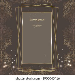 Wedding invitation chocolate coffee gradient with gold frame on a beautiful background. Template for congratulations, cards, posters with place for text. Gold pattern, Victorian era. Vector.