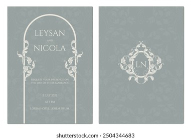 Wedding invitation. Classic graphic elements. Oval ornamental frame monogram.