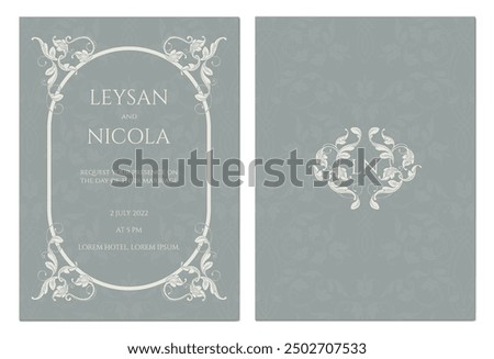 Wedding invitation. Classic graphic elements. Oval ornamental frame monogram.