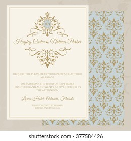 Wedding invitation. Classic seamless pattern. Decorative floral frame and monogram. Template for greeting cards, invitations.  Graphic design page.