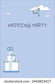 Wedding invitation, clouds in the blue sky, bride's bouquet and wedding cake.