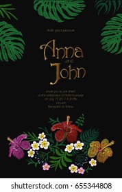 Wedding Invitation Collection Jungle Hawaii flowers. Save the Date Greeting  Card with Tropical Exotic Palm Monstera Leaves. Hibiscus, Plumeria, Frangipani golden embroidery vector illustration art