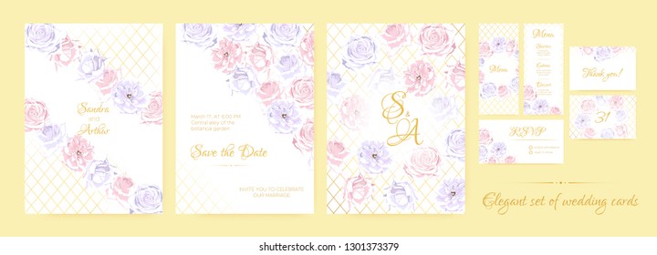 Wedding Invitation Collection in Pastel Colors Design. Vector Floral Background in Watercolor Style. Vintage Roses, Elegant Wedding Card Template. Wreath of Flowers Bouquet, Rustic Wedding Decoration.
